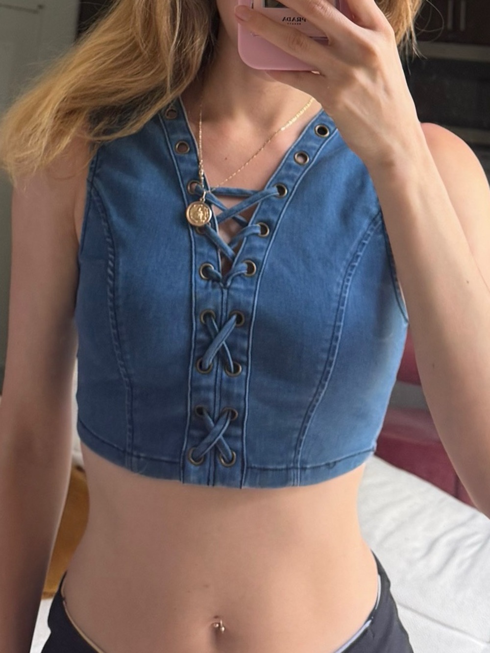 Vintage Guess Lace Up Denim Corset Vest Y2K Denim Crop Top XXS